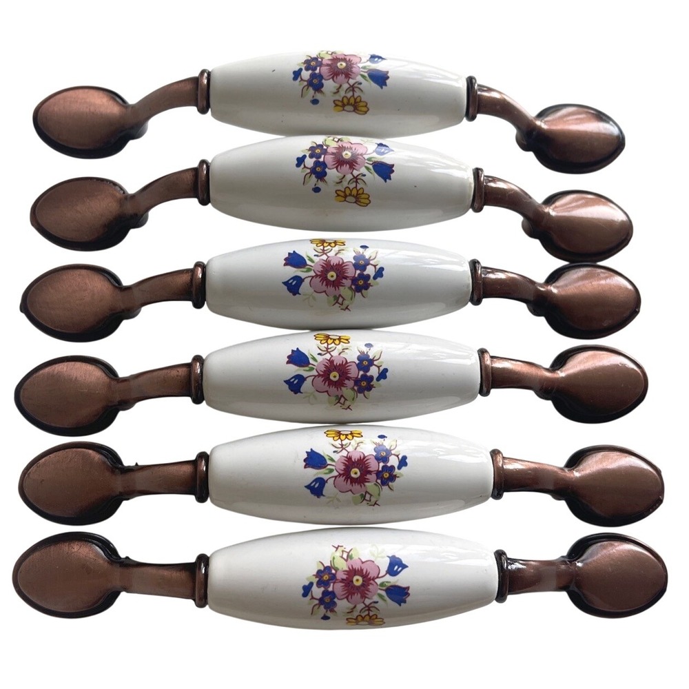 6 Pc Drawer Pull 6" Bronze Tone Ceramic Handle Floral Design 4" Hole Cottage Vtg